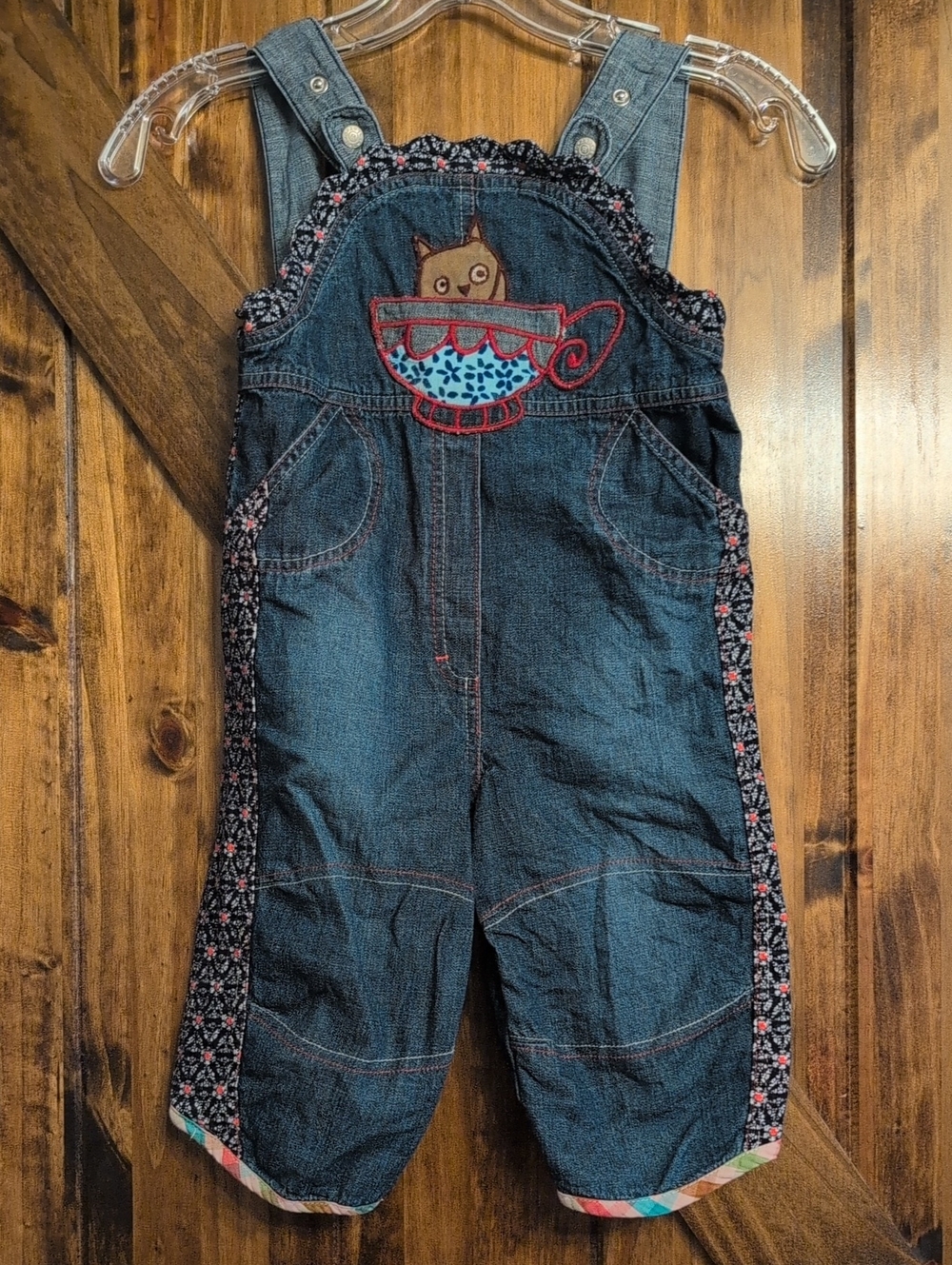 Oilily Dark Blue Denim Overalls with Teacup Owl Embroidery Sz 98 3
